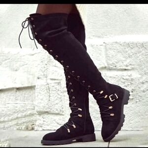 Women's faux suede lace front buckle black high boots size 6